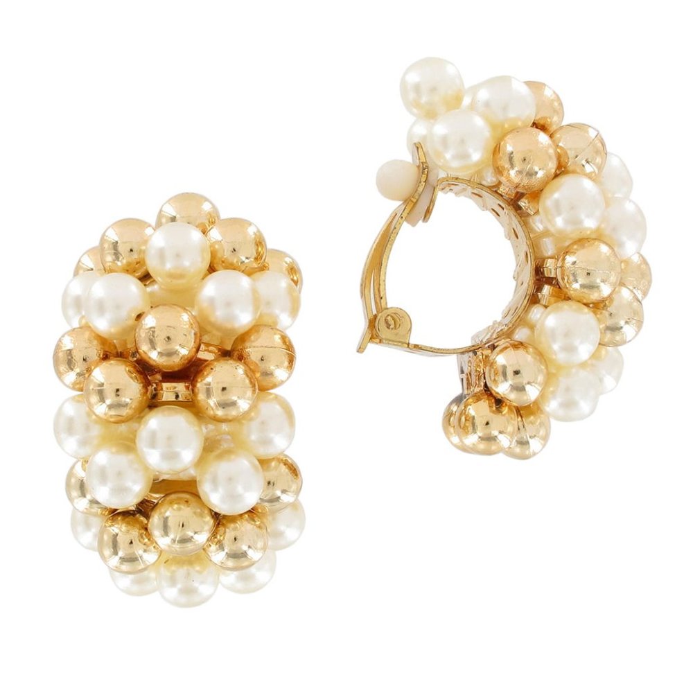Vintage White and Gold Tone Faux Pearl Clip On Huggie Hoop Earrings